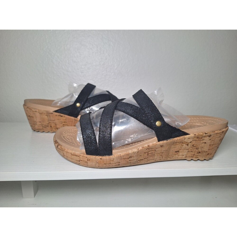 Crocs A-Leigh Cork Wedge Sandals Women's Size 8 Black Leather Comfort Slides EUC